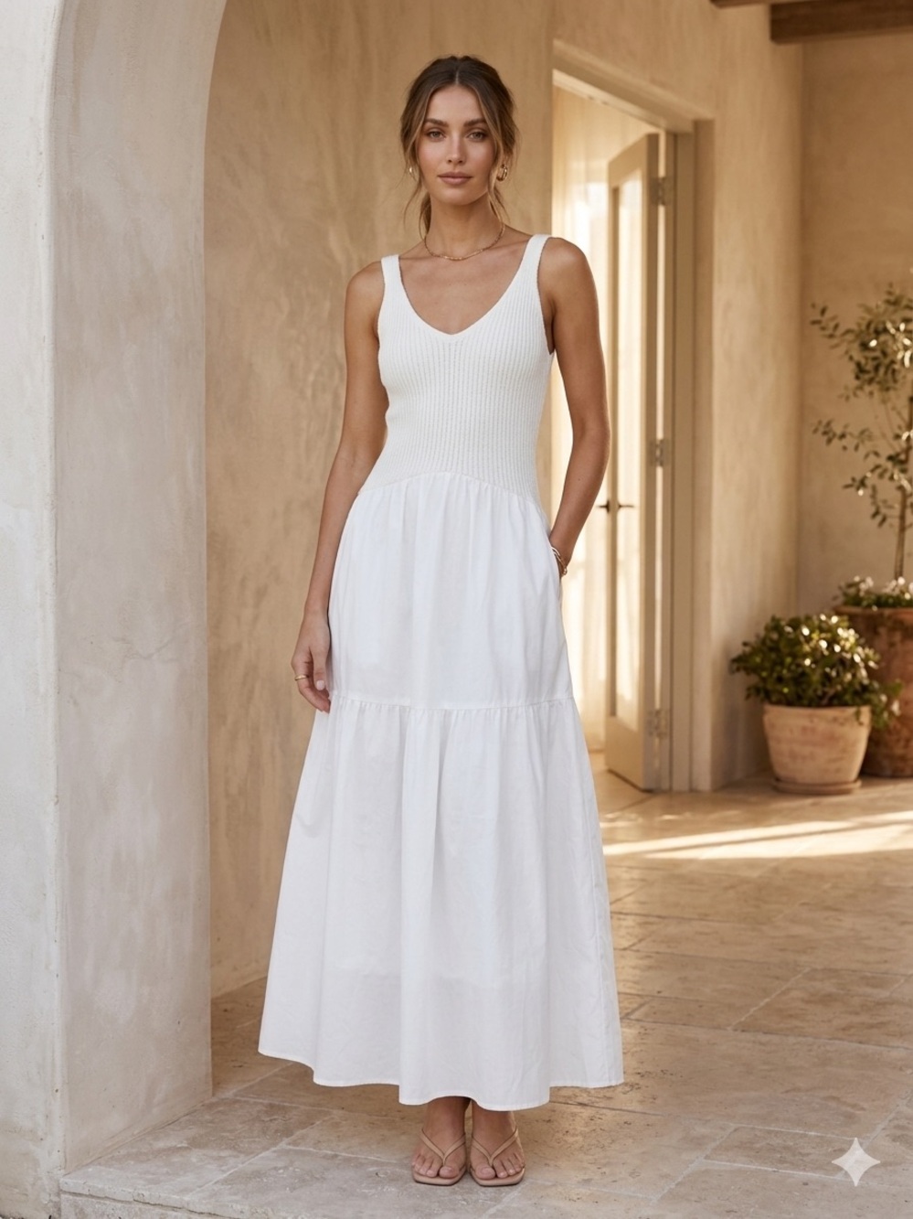 White V-Neck Maxi Tank Dress with Teared Skirt